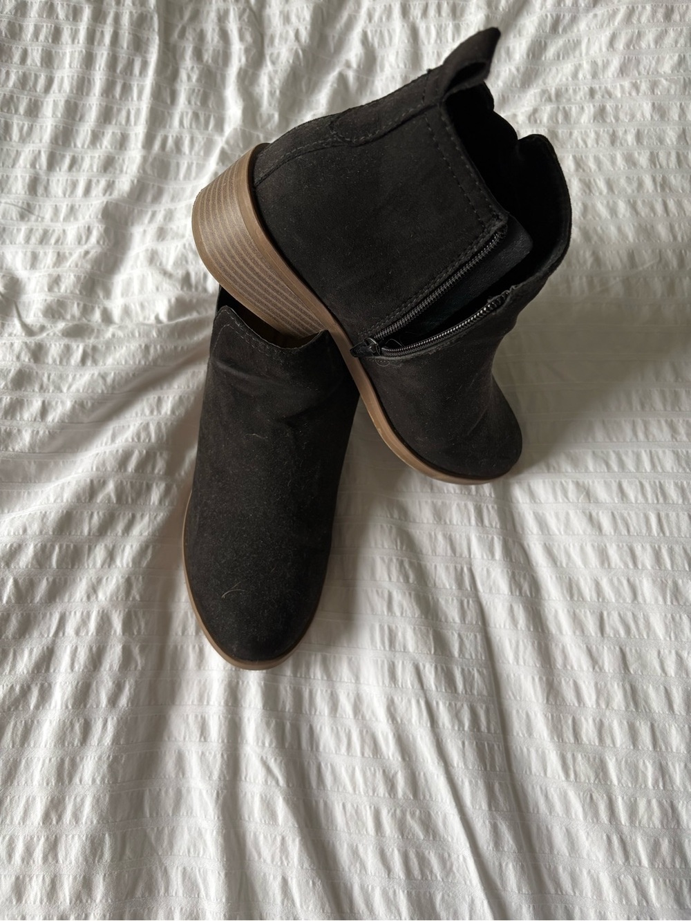 Time and Tru Black Suede Ankle Booties with Brown Stacked Heel